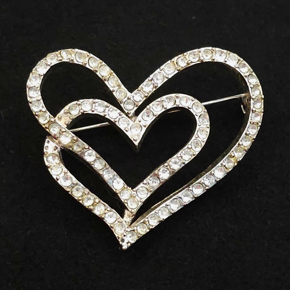 Vintage Rhinestone Double Heart Brooch Silver Tone Interlocking Romantic Pin